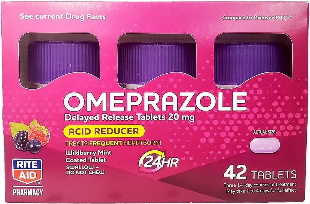 Rite Aid Acid Reducetor Omeprazol comprimate cu eliberare întârziată - 20 mg, 3 sticle, 14 Conte Fiecare (42 Număr total), Wildberry Mint Flavor, Arsuri la stomac, Arsuri la stomac Medicina, Tratamente Frecvente Arsuri la stomac