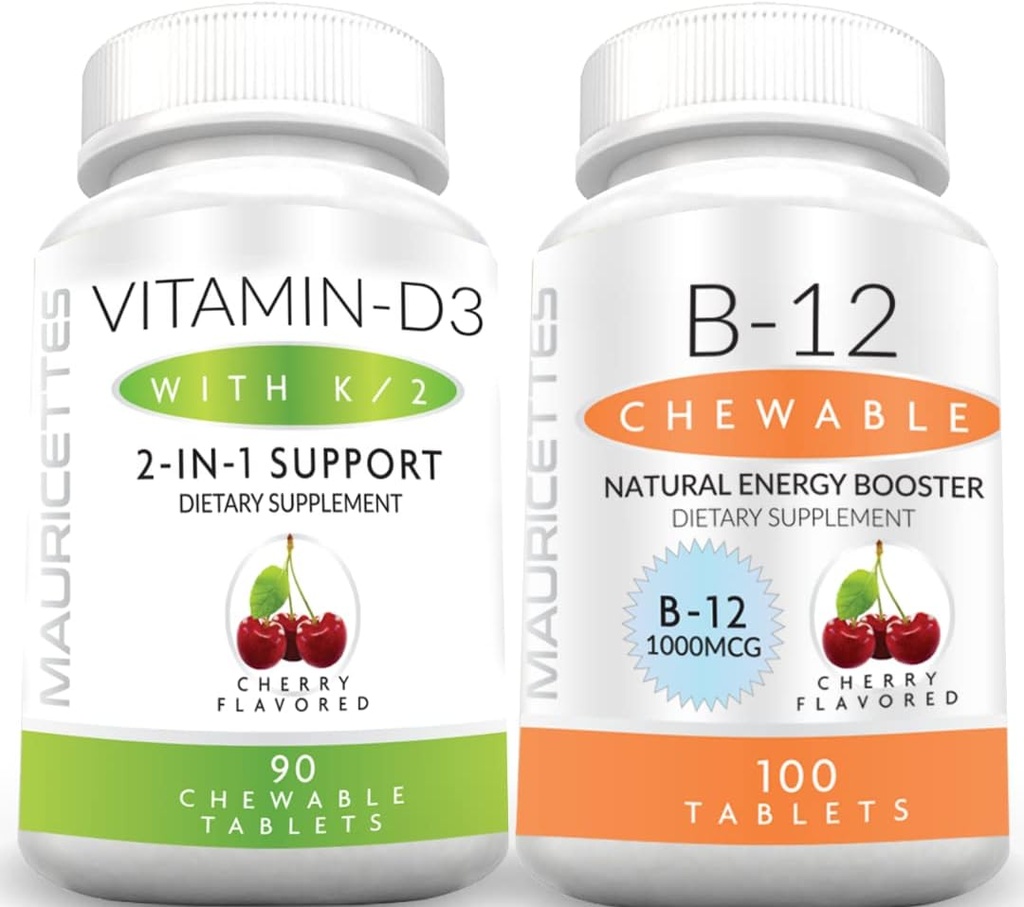 Mauricettes Vitamina Masticabilă D3 cu vitamina K2 & Chewable B12 1000 mcg Energie și suport imunitar Bundle
