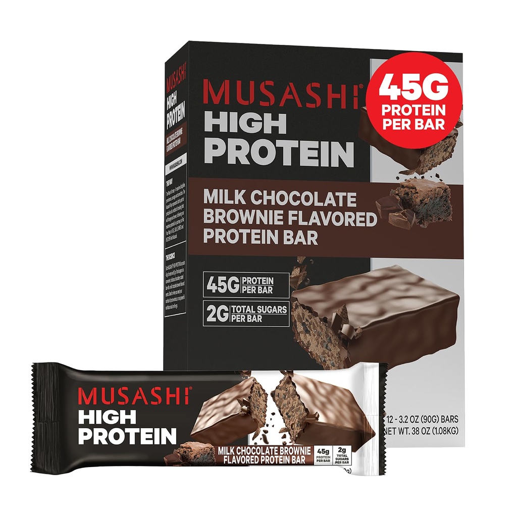 USASHI High Proteine Bar, 45g Proteine, 2g Total Sugars, Lapte Ciocolata Brownie, Post Antrenament și proteine Snack On The Go, 12 Pachet de 3.2oz (90g) Baruri