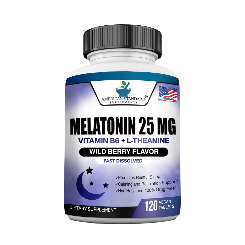 Melatonina 25 mg pe o tabletă, 120 comprimat masticabil cu L- Theanin & Vitamina B-6, susține ciclu de somn sănătos , promovează somn calmant și odihnitor, Vegan, NON OMG, Made In USA