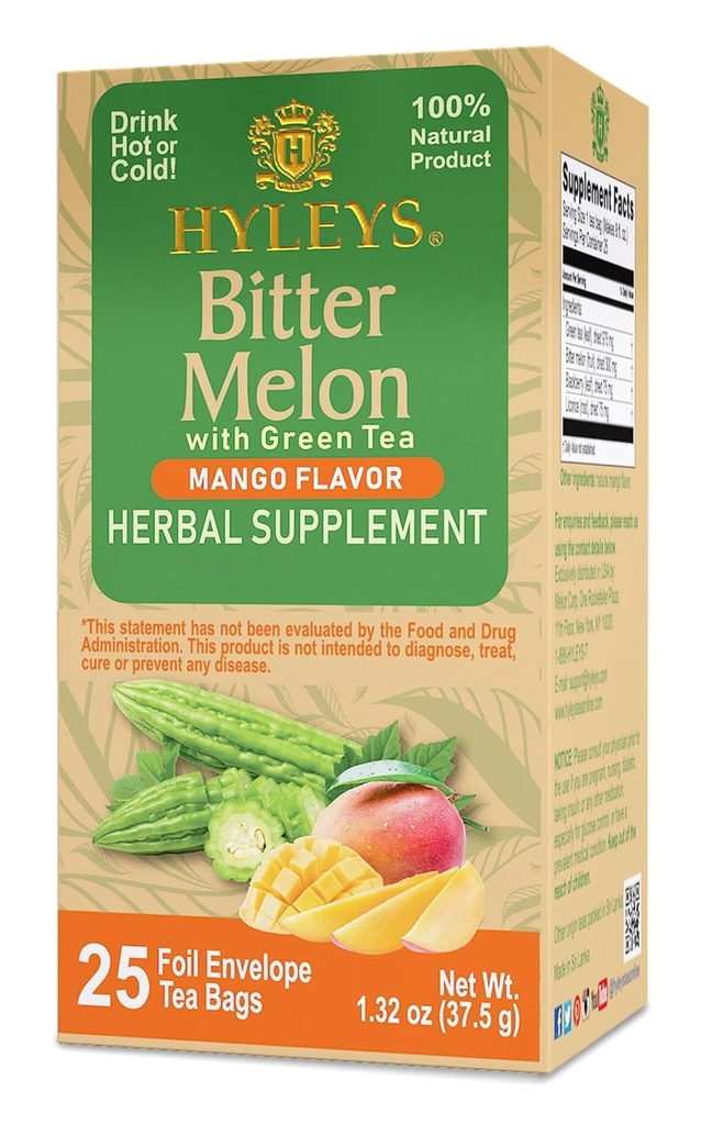 Hyleys Bitter Melon cu ceai verde - Mango Aromă - 25 Saci de ceai - Suporturi funcţie hepatică sănătoasă - Suplimentul vegetal - (6 Pachet - 150 Ceai Bags Total)