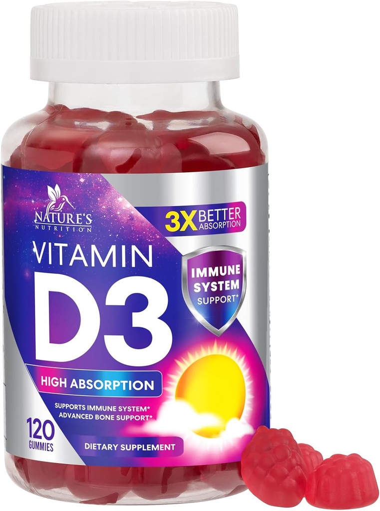 Vitamina D3 Gummy 5000 UI (125 mcg) - Vitamine dietetice D Suplimentul pentru femei și bărbați - oase, dinți, mușchi și sprijin pentru sănătate imună, potențial ridicat VIT D3 Natura Non-GMO & Gluten gratuit - 120 Gume