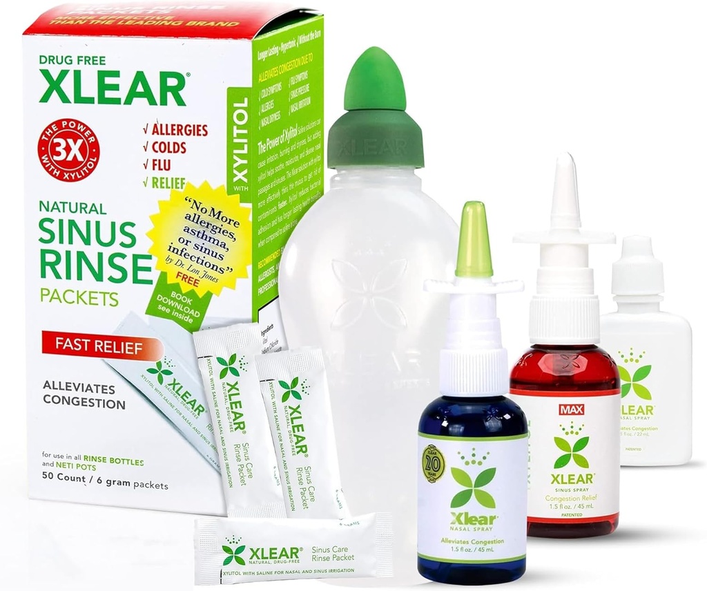 Kit de salvare pentru alergii Xlear, Kit de salvare pentru alergii, inclusiv Xlear Nasal Spray cu Xilitol, Xlear MAX Nasal Spray, Xlear Nasal Rinse Neti Pot şi 50 Refill Packets