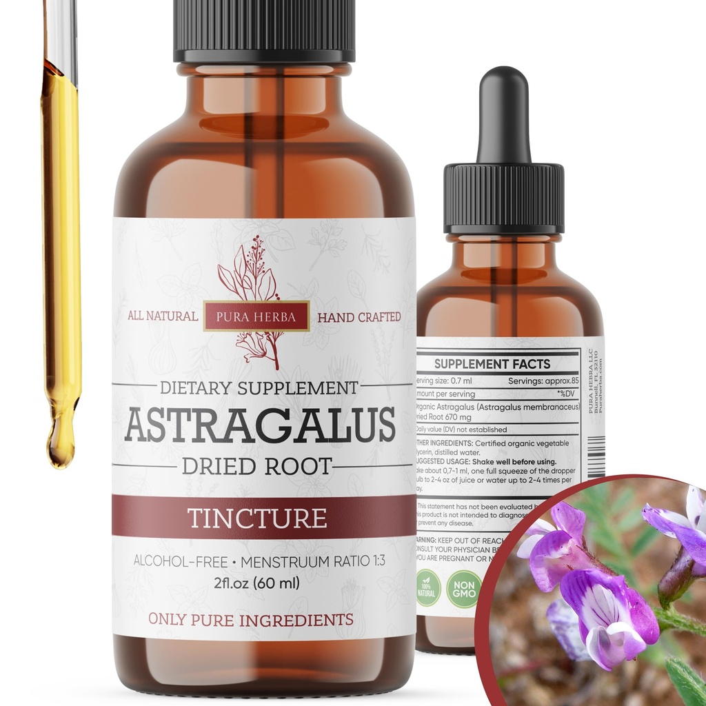 Organic Astragalus Tincture - Premium Astragalus root extract for Immune Support - Alcool-Free, Sugar-Free, Vegan - Supliment lichid de mare potenta - Made in USA - 2 Fl.Oz.