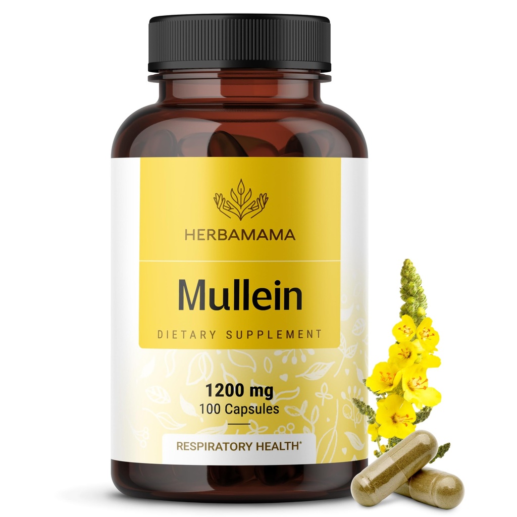 HERBAMAMA Mullein Leaf Capsule - 1200 mg Mullein Leaf Extract pentru Lung Detox suport - Vegan, non-GMO respiratorii Lung Curățenie Supliment