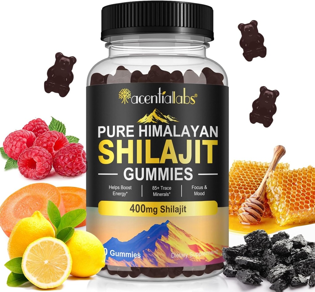 Gumă de mestecat Shilajit, Gume pure Himalayan Shilajit cu 100% Shilajit, Gume organice Shilajit bogate în acid fuzilic 85+ Minerale Trace Potrivite pentru bărbaţi şi femei, Non-GMO - 60 Gummy