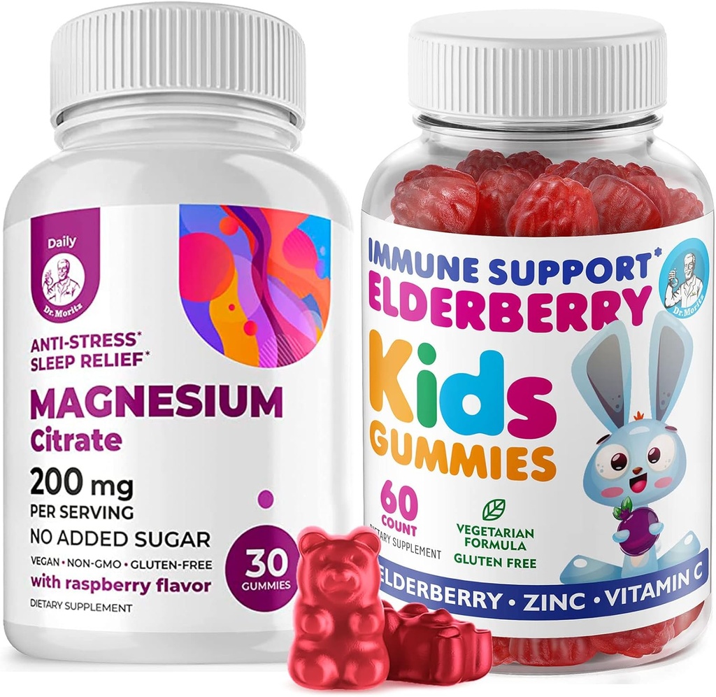 Gume de fructe de soc pentru copii si magneziu 200 mg Gume de zahăr-gratuit - Sistem imunitar sănătos Booster și de sprijin pentru sănătate cu extract de fructe de soc cu Chews de magneziu calm pentru copii și adulți zahăr-gratuit