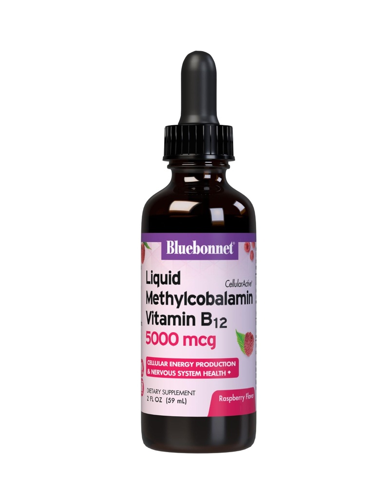 Bluebonnet lichid metilcobalamină Vitamina B12 5000 mcg Coenzimă activă Forma de vitamina B 12 picături lichide Suplimentul de energie pentru femei și bărbați - Vegan, gluten-free - Aroma de zmeură - 2 Fl Oz