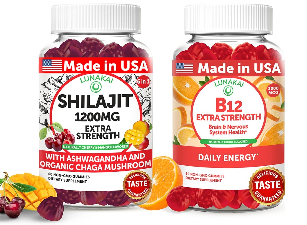 Lunakai Statele Unite ale Americii Made Shilajit & B12 Extra Putere Gummies Bundle 