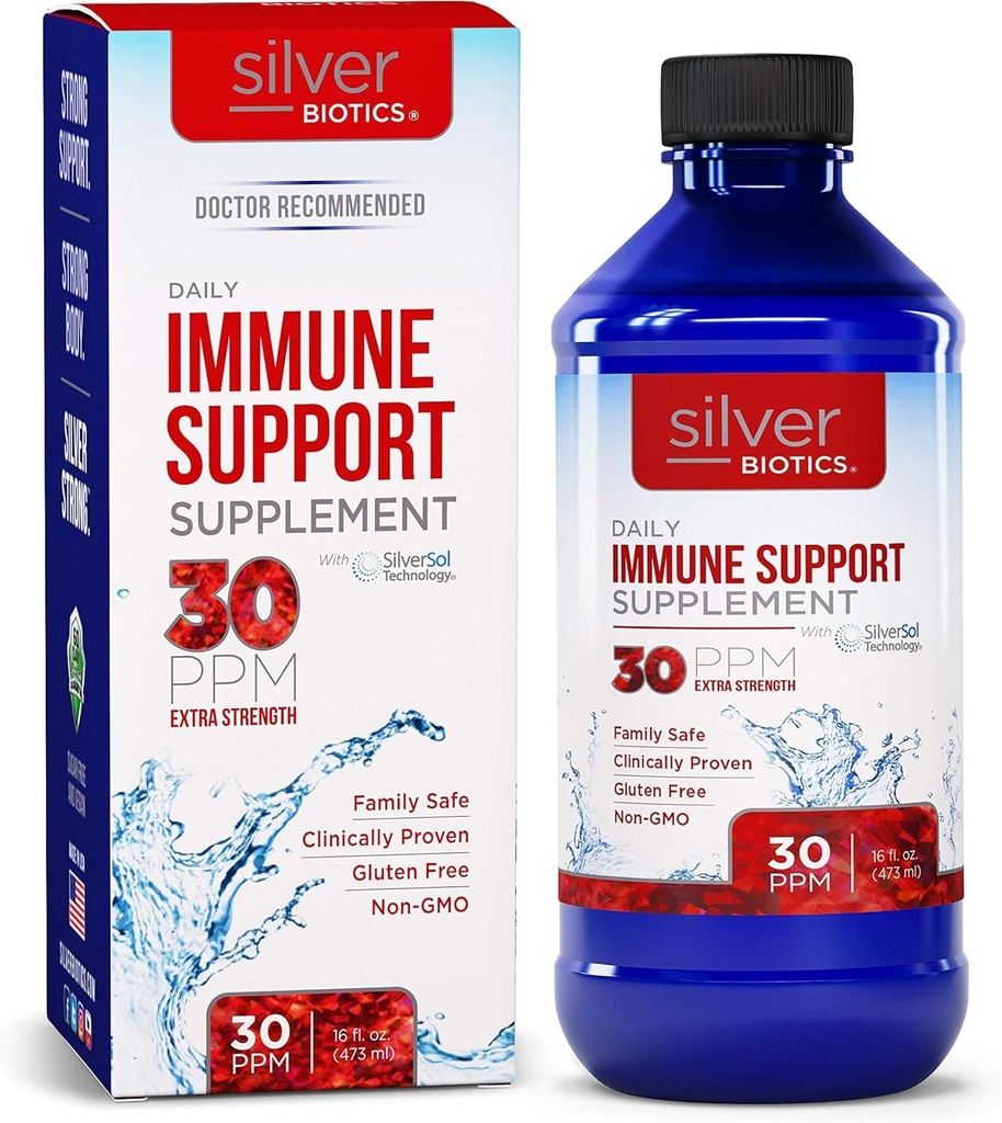 Silver Biotics 30 PPM Extra Putere Zilnic Suport imunitar Supliment cu patentate Multivalent Silversol tehnologie 