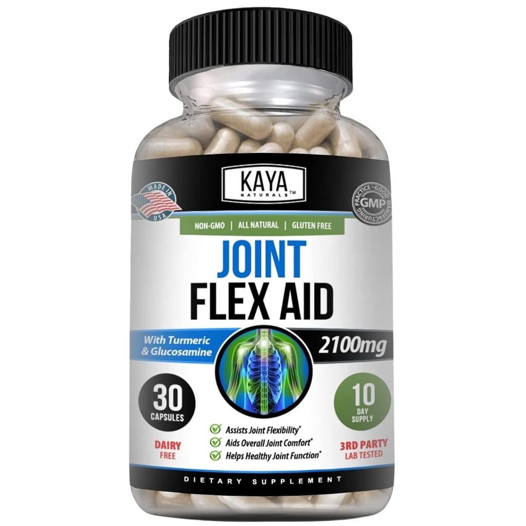 Kaya Naturals Mobility Flex Aid - Mobility Supplement Supplement for Men and Women - Turmeric Capsules with Glucosamine Sulfate - for Knee Support and Mobility Health - 30 Count