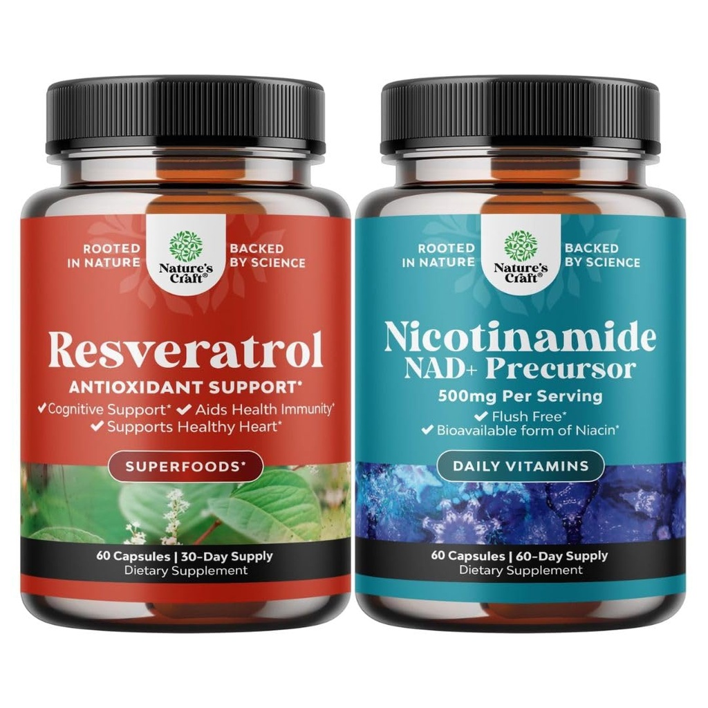 Bundle of Youthful Trans Resveratrol Supplement with AMPK Activator for Cellular Health & Vitality and Vitamin B3 Niacinamidă Energie mitocondrială & Potent Skin - Niacin Flush Free Nicotinamidă 500 mg