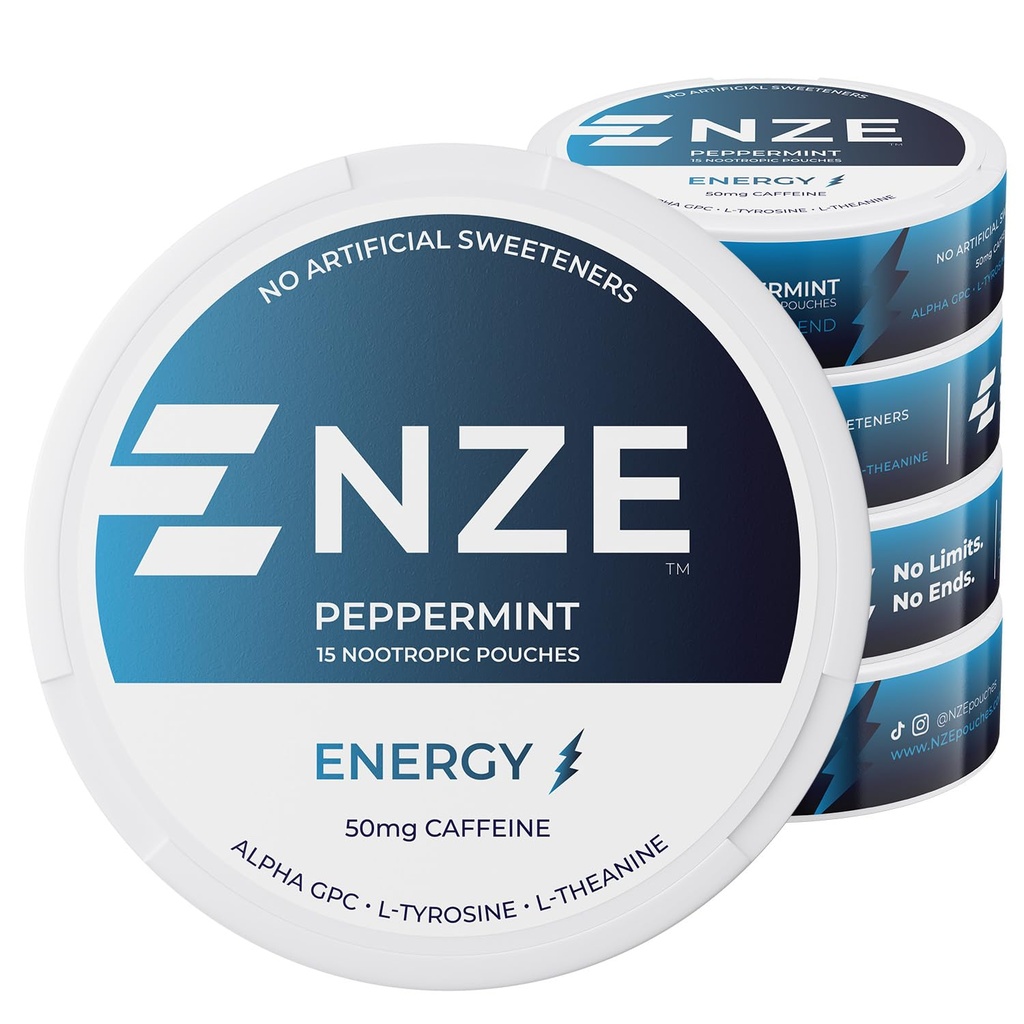 NZE Caffeine Nootropic Pouchs (Peppermint) - Poches de energie cu 50mg Cafeina, Alpha GPC, L-Tyrosine & L-Theanină fără zahăr sau îndulcitori artificiali - 15 pungi Nicotine Free Per Can - 5 Pack