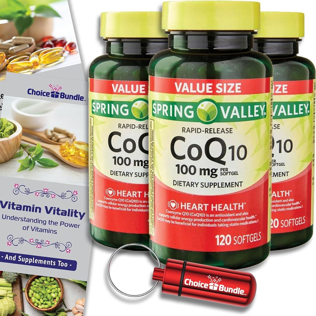 Alegerea Bundle Spring Valley Rapid-Release CoQ10 Cozyme Q10 100 mg Softgels 120 CT 3 pk (360 Total) + Vitamin Guide & Pill Container (5 elemente)!