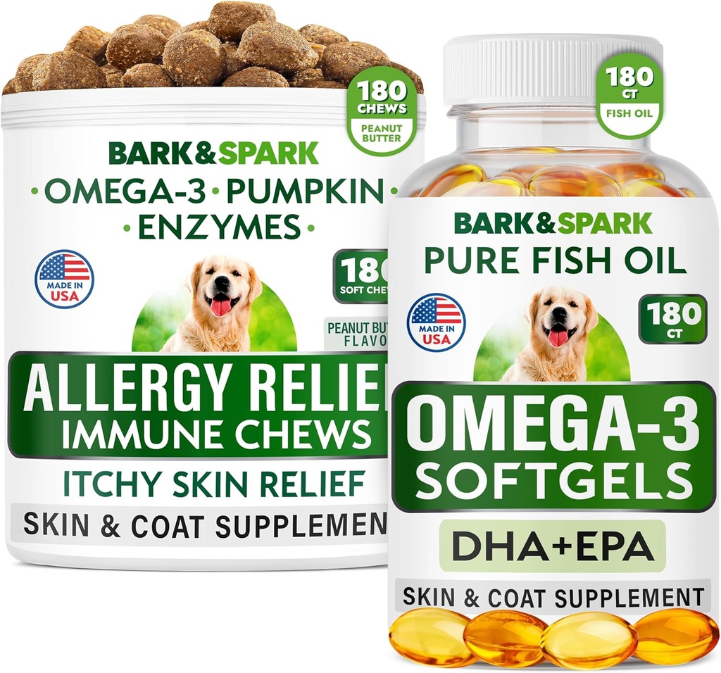 Alergie Relief + Omega 3 Bundle - Anti-Itch Skin&Coat Supplement + Skin Alergia - Omega 3 Ulei de pește + EPA& DHA Acidi grași - Itching&Paw Licking + Joint Health - 180 Chews + 180 Softgels - Made in USA