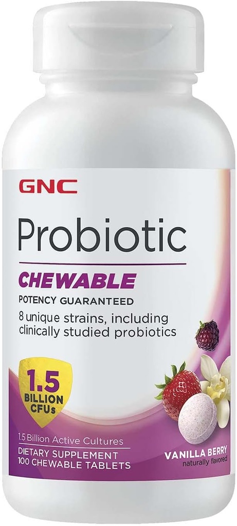 GNC Probiotic Chewable cu 1,5 miliarde CFU - Vanilla Berry, 100 comprimate, Daily Probiotic Support