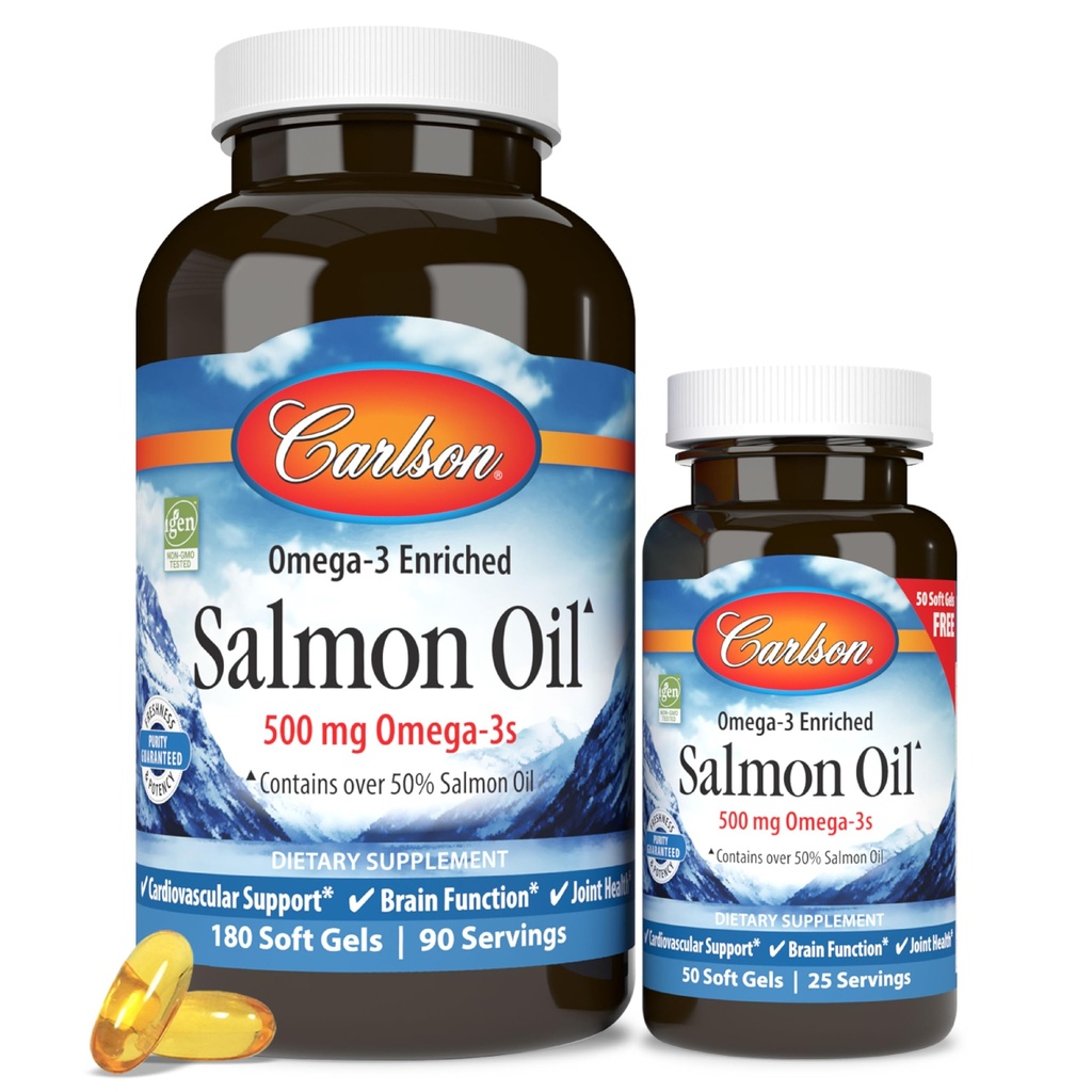 Carlson - Norwegian Salmon Oil, 500 mg Omega-3s, Norwegian Salmon Oil Supplement, Wild Caught Omega 3 Somon Oil Capsules, Sustainable Sourced, Brain, Heart & Joint Health, 180+50 Softgels