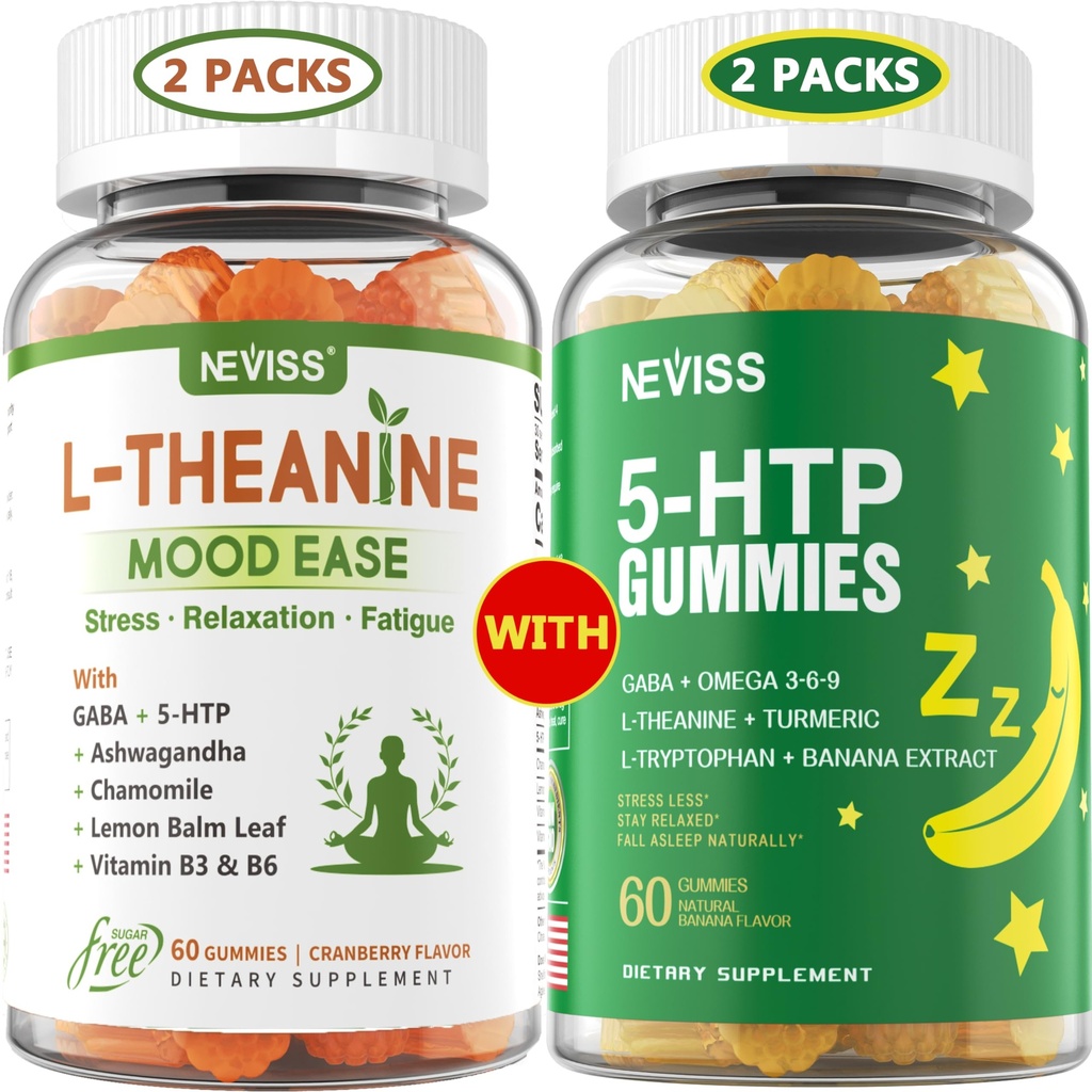 NEVAISS Sugar Free L-Theanin calm Gumies 120 Counts + Sugar Free 5-HTP Gumies 120 Counts
