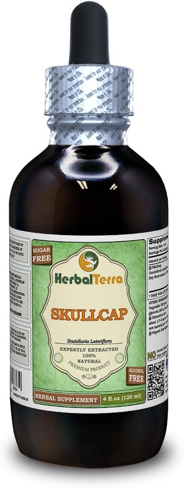 Skullcap (Scutellaria Lateriflora) Glycerite, Organic Dried Herb Alcohol-Free Liquid Extract (Brand Name: HerbalTerra, Proudly Made in USA) 4 fl.oz (120 ml)