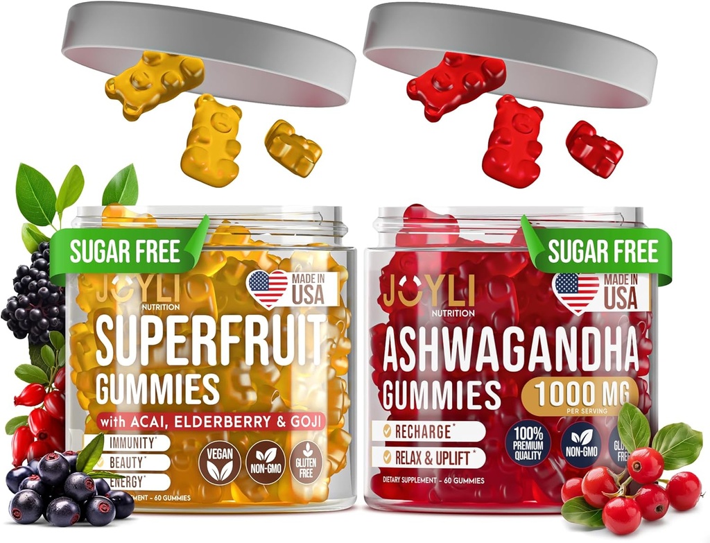Joyli Ashwagandha & Superfruit Gummies Bundle – Mind & Body Balance + Daily Wellness Support – Vegan Multivitamin Formula with Goji, Elderberry, Vitamin C, D & Zinc – 2 Pack for Adults