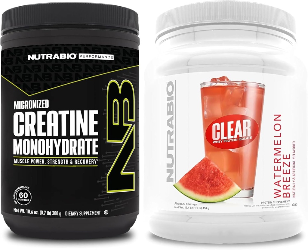 NutraBio Creatina Monohidrat, Nearomate, (300 g) și Clear Whey Proteine Izolat, (Watermelon Breeze) Supliment Bundle 