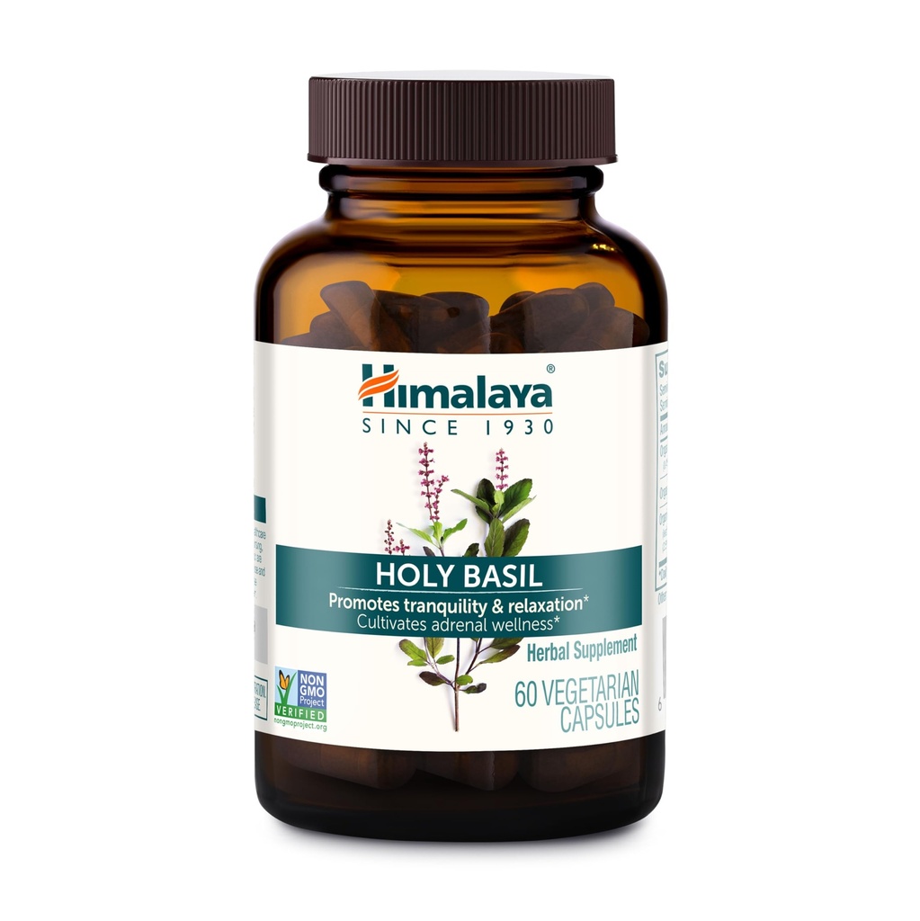 Himalaya Holy Basil - Herbal Adrenal Support for Stres Relief, Relaxare, Suport Energetic şi Ocazional Somnolenţă - Vegan, Non-GMO, Gluten Free, 720 mg, 60 Capsule