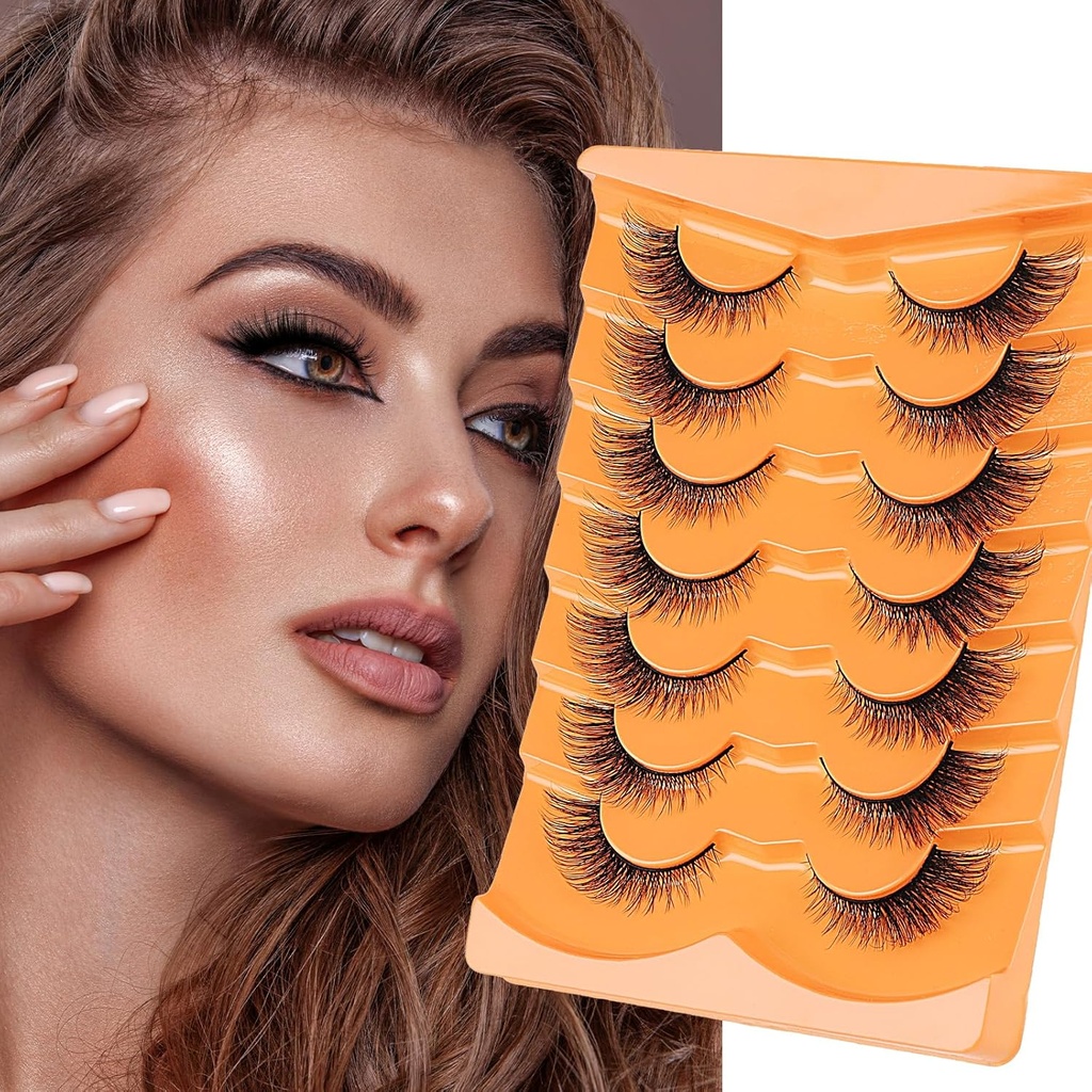 Heasy Fox Eye Lashes, Wispy False Genelases D Curl Mink Lashes Fluffy False Lashes Natural Look Cat Eye Lashes Strip Pack 7 perechi, negru