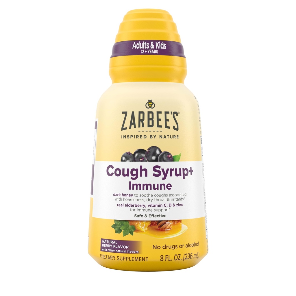 Naturals Zarbee complet zi de zi Tuse Sirop + Imun cu miere Dark, Elderberry Real, Vitamina C, D & Zinc, 8 oz Sticla