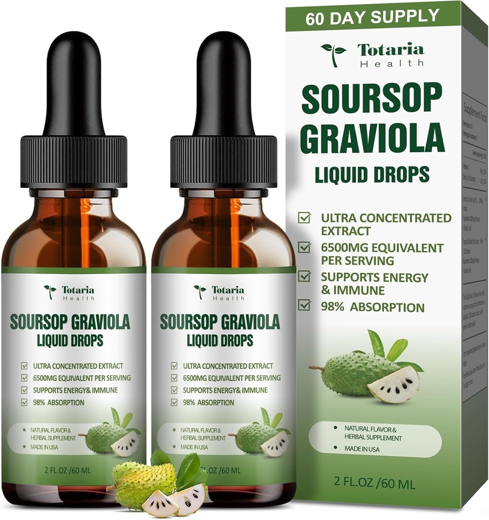 (2 Pachete) Soursop Graviola Pure Liquid Drop Support Digestive Skin Health, Sleep & Antioxidant - Guanabana Oil Organic Leaf Exact Soursop Bitters Picături lichide, Aromă naturală, Non-GMO, Vegan, 4 Fl Oz