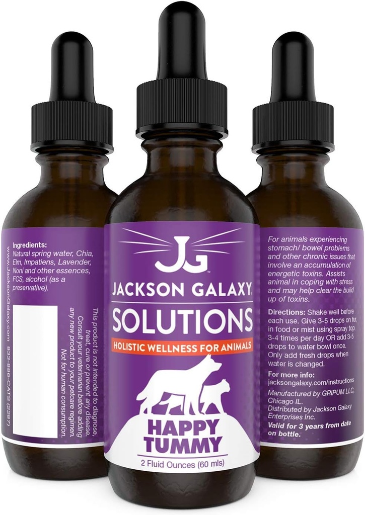 Jackson Galaxy: Happy Tummy (2 oz.) - Pet Solution -Ajutor cu Toxine de stres și descărcare de gestiune - poate ajuta cu probleme de stomac (IBD, constipație, etc.) - All-Natural Formula - Reiki Energy