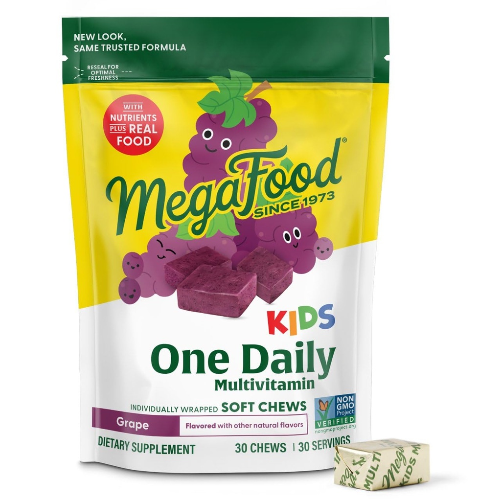 Megafood Kids One Daily Multivitamine Soft Chews - Vitamine pentru copii cu vitamina B, Vitamina C, Vitamina D & Vitamina E - varsta 4+, Vegetarian, Made without 9 Food Allergens - Aroma de struguri - 30 Chews