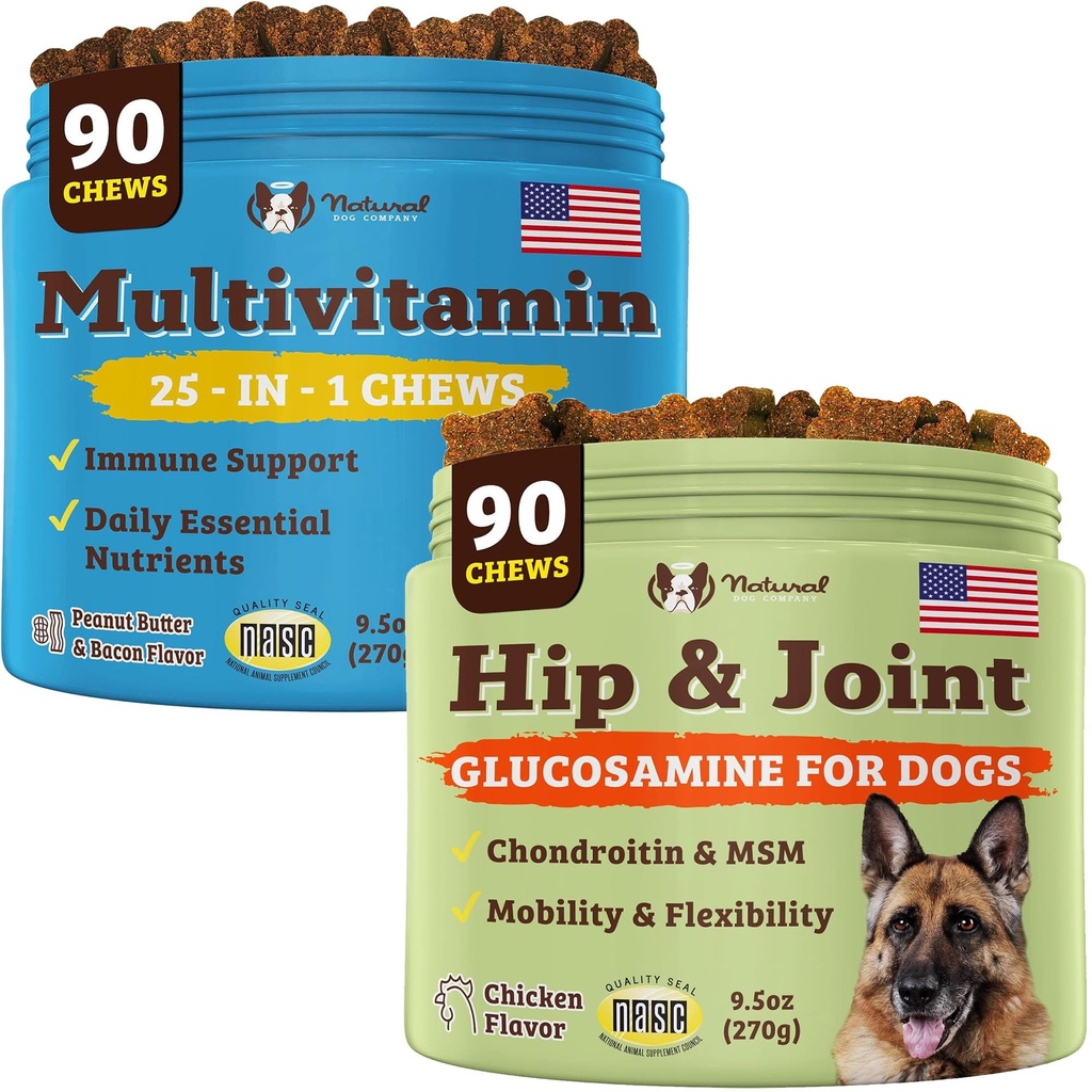 Natural Dog Company Dog Suplimente pentru Seniori & Caini Activi - Multivitamine Chews & Hip & Joint Relief - Suport complet nutritional pentru sanatate comuna, Vitamine pentru câini, energie, & Vitality