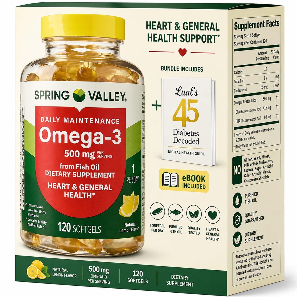 Spring Valley Omega-3 din ulei de pește 500 mg 120 Conte, SoftGels, General & Heart Health Dietary Supplement Bundle cu 45 Diabetul lui Luall Decodat
