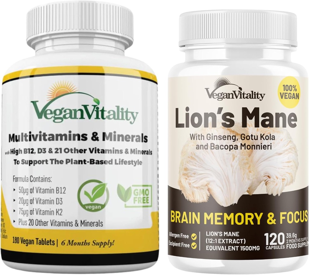 Vegan Vitality Lion Mane x General Health Combo Bundle - 6 luni Lion's Mane and Multivitamines