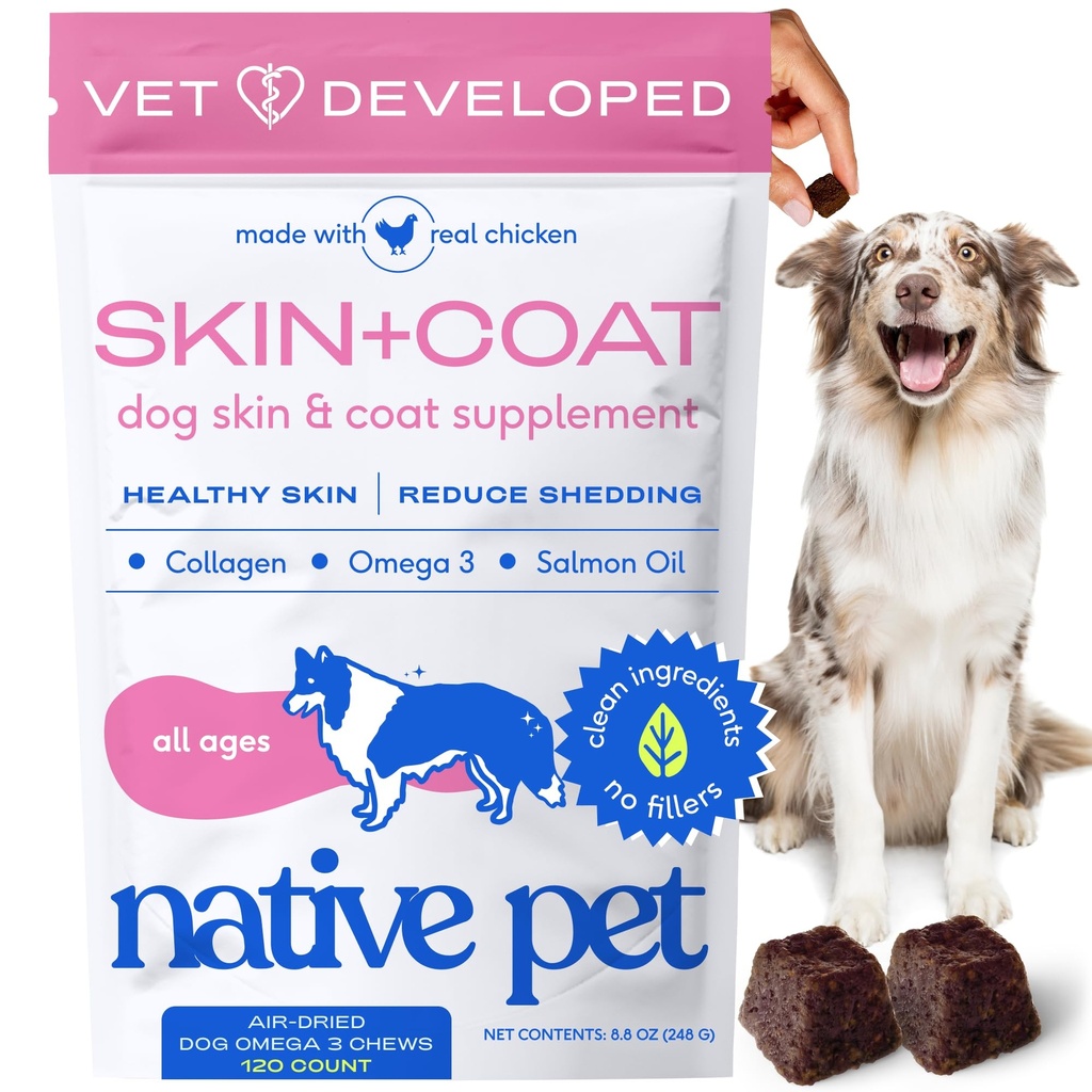 Native Pet Omega Piele și Coat Chews pentru câini - Piele de câine și Coat Supliment pentru sănătos, blană lucioasă, Reduce topire și pete uscate - Made with Omega 3 Fish Oil and Wild-Caught Salmon Oil - 120 Chews