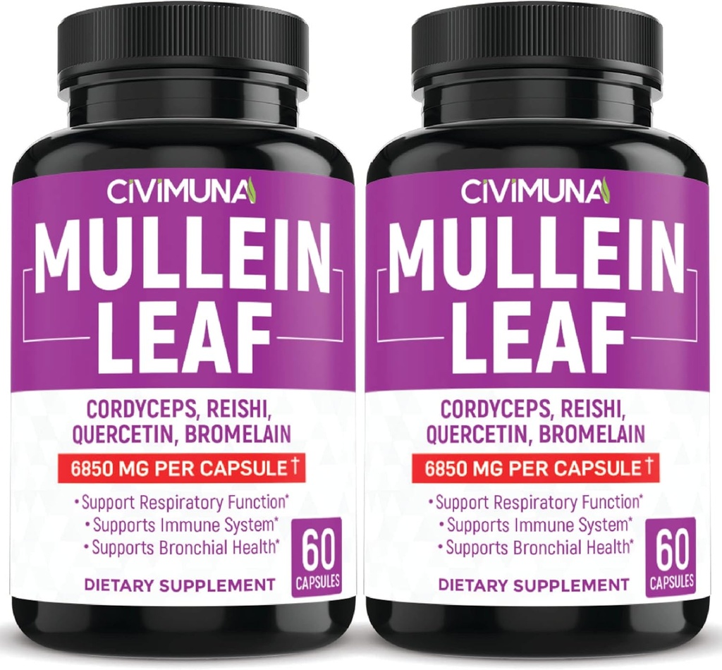 (2 cutii) Capsule cu frunze de Mullein 6850 mg - Mullein Leaf, Cordyceps, Reishi - 4 luni de aprovizionare