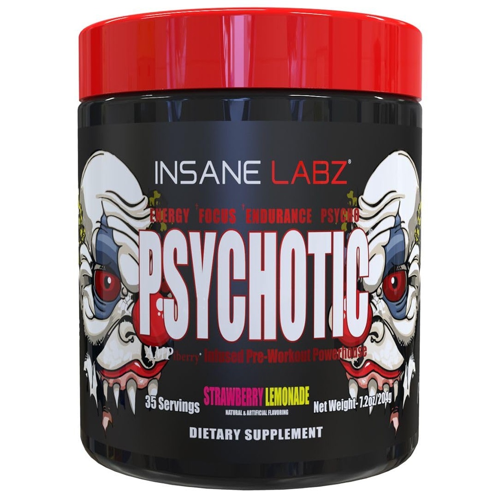 Insane Labz Psychotic, Pudră de antrenament ridicat Stimulant Pre, Energie Extremă de Durare, Focus și Perseverență cu Beta Alanine, Creatine Monohidrat, DMAE, 35 Srvgs (Limonada de Strawberry)