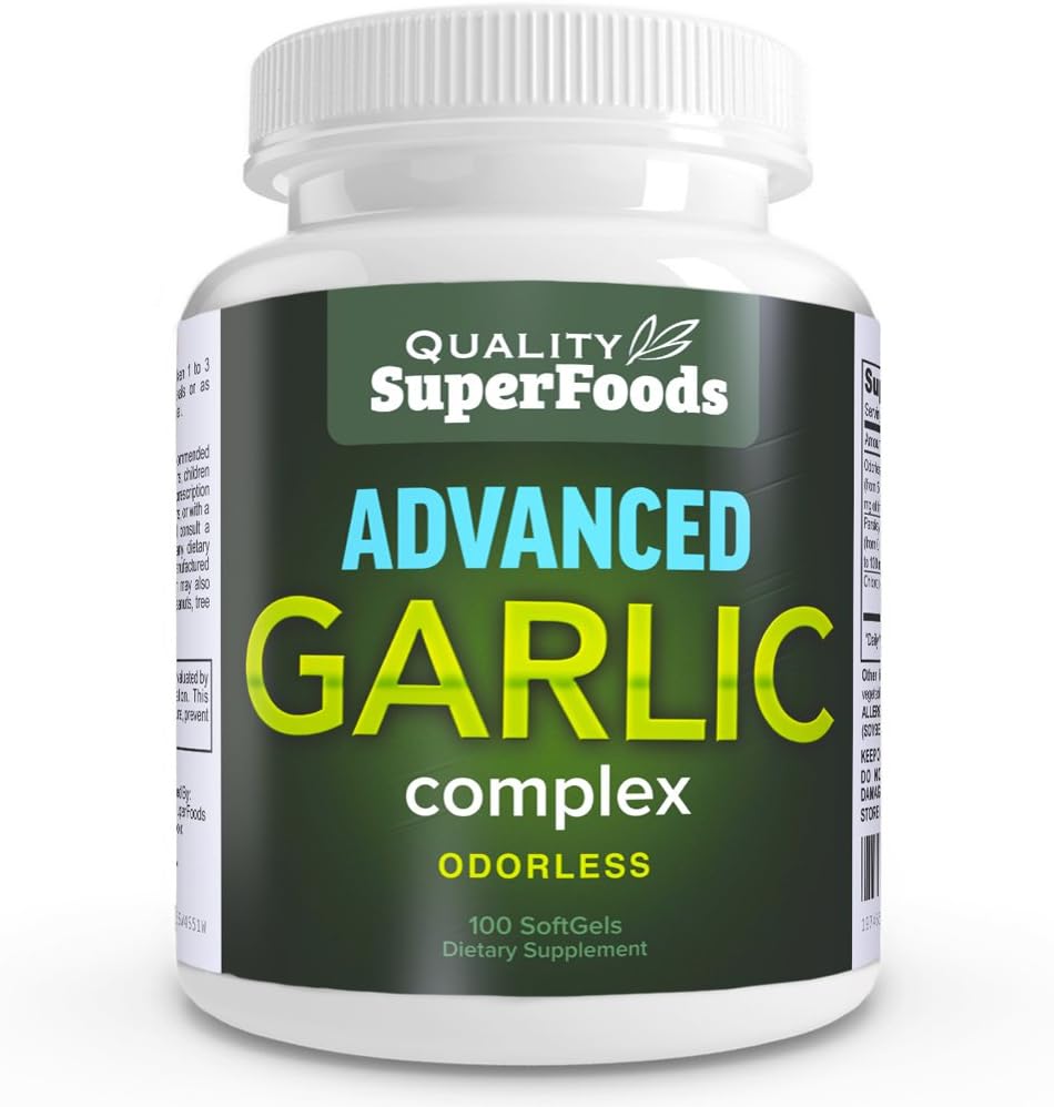Complexul avansat de usturoi - Superalimente de calitate (100ct) Complexul maxim de rezistență conține un amestec de Usturoi Odorless (Allium sativum), pătrunjel (petroselinum crossum) și Clorofill.