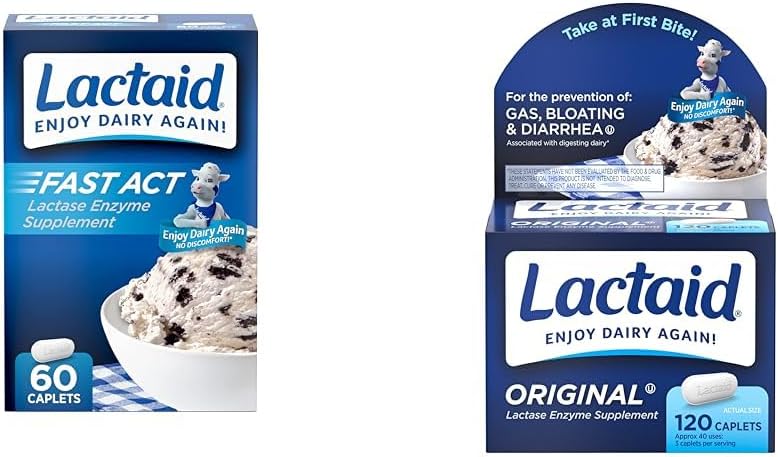 Lactaid Fast Act 60-Pack Putere originală 120-Număr de lactoză Intoleranță Caplete cu 9000 FCC Lactase Unităţi