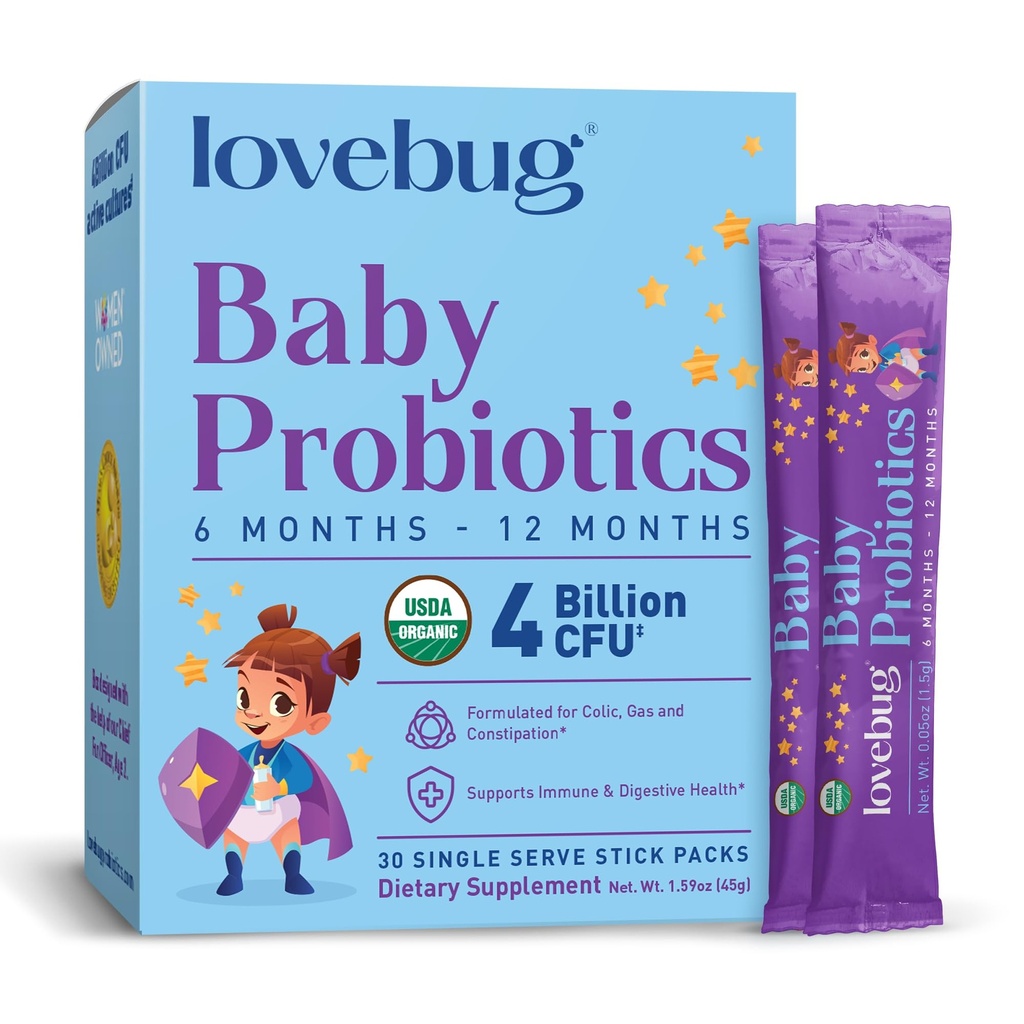 Probiotice LOVEBG pentru bebelusi - Probiotice organice pentru bebelusi 6-12 luni pentru suport imunitar pentru bebelusi, gaz, colic, diaree si constipatie infantilă