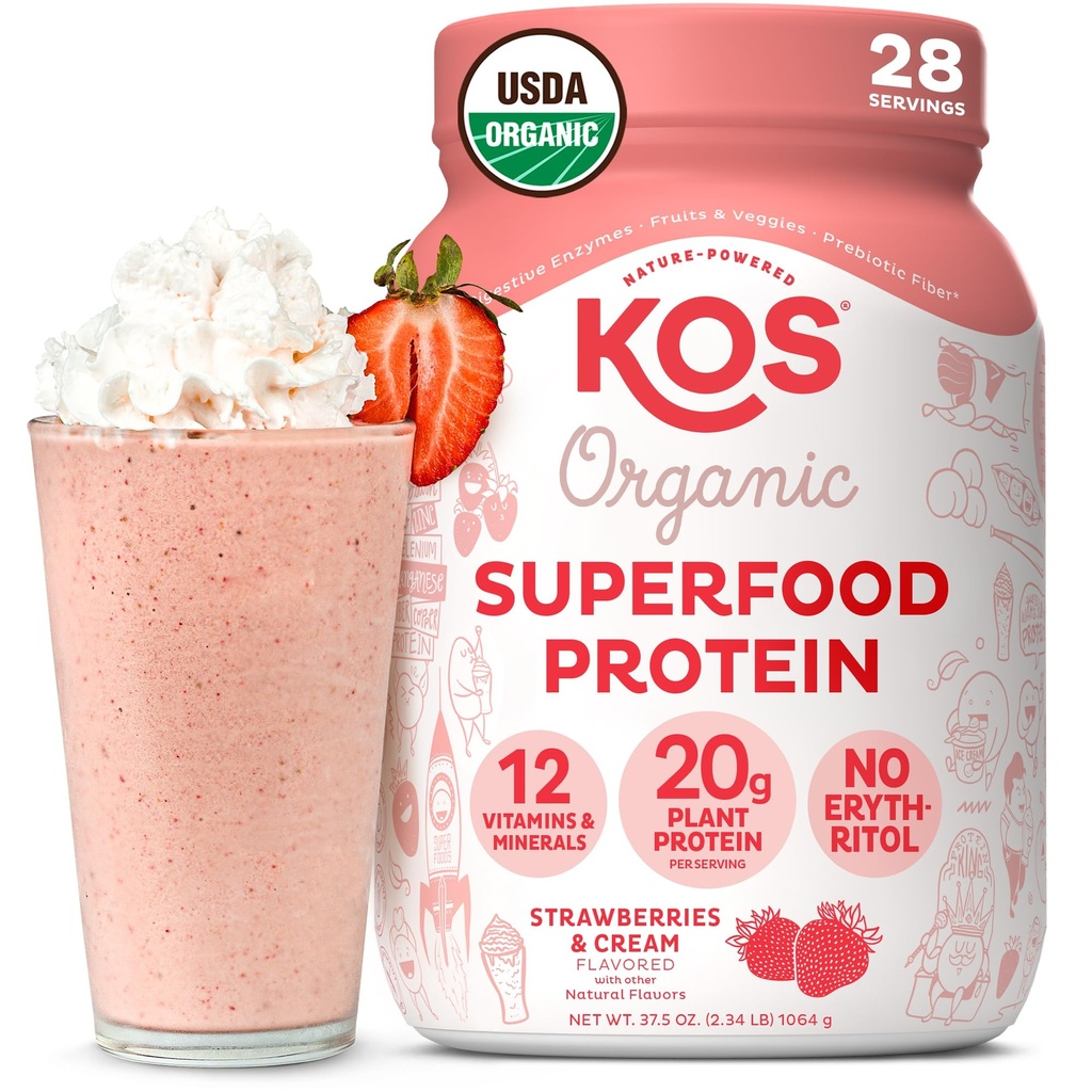 KOS Vegan Praf de proteine, căpșuni și cremă USDA Organic - Low Carb Proteina Blend, Pe bază de plante Superfood cu vitamine și minerale, Gluten gratuit - Înlocuire masă pentru femei și bărbați - 28 Serviri