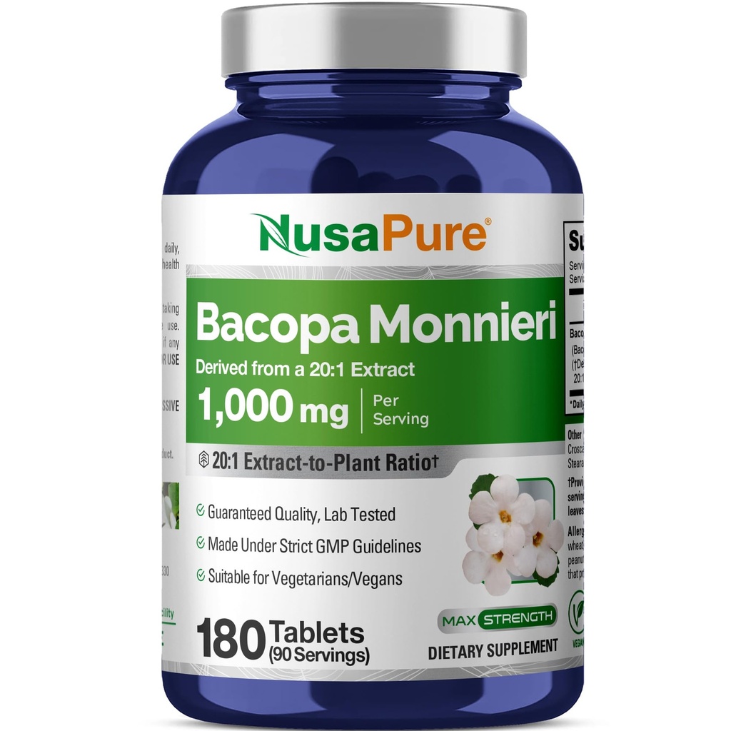 NusaPure Bacopa Leaf Monnieri Extract 20.000 mg 180 comprimate (Extract 20:1, Non-GMO, Gluten Free)