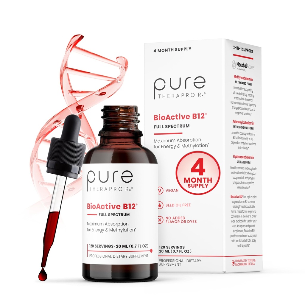 BioActive B12 Spectrul complet Vegan Metilat Vitamina B12 Sublingual lichid metilcobalamină, hidroxocobalamină & adenosilcobalamină 1000 mcg per picătură (5 picături = 5000 mcg / 4 lună de aprovizionare) 20 ml