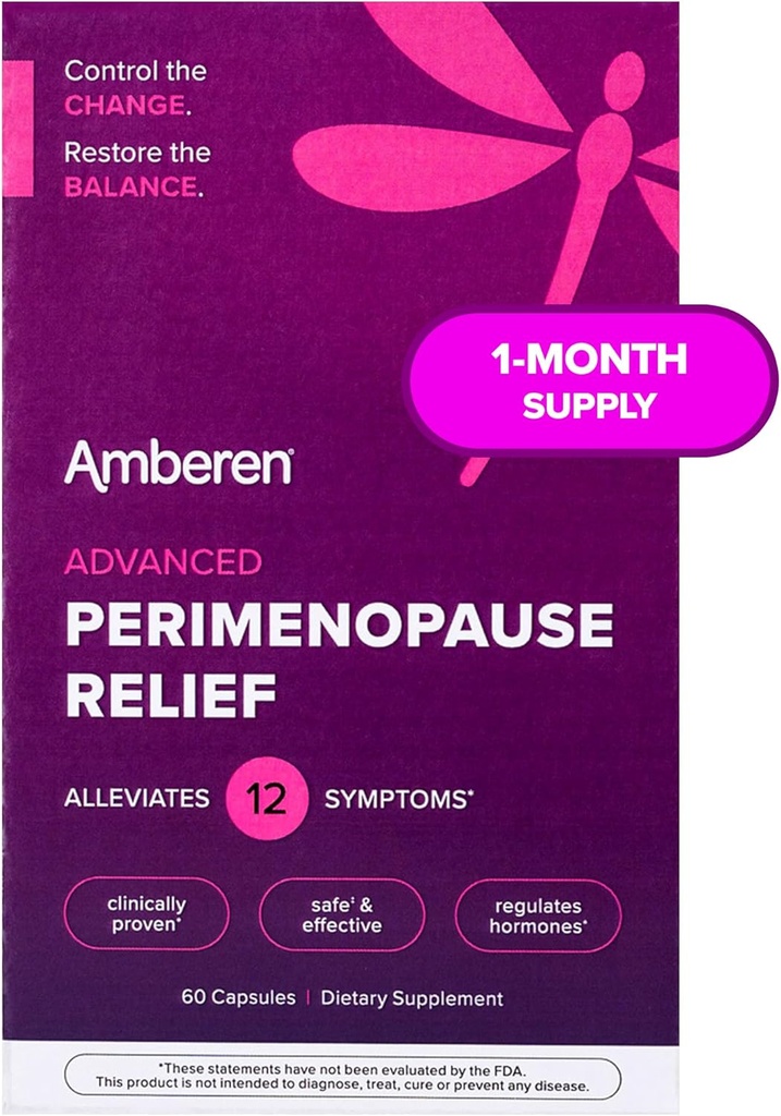 Amberen Perimenopause, Peri-Menopause Multi-Symptom Relief, Vitamina B, Vitamina E & Antioxidanti Supliment, aratat clinic pentru a ajuta la sustinerea echilibrului hormonal, Flash-uri fierbinți și transpirații de noapte, 60 Conte
