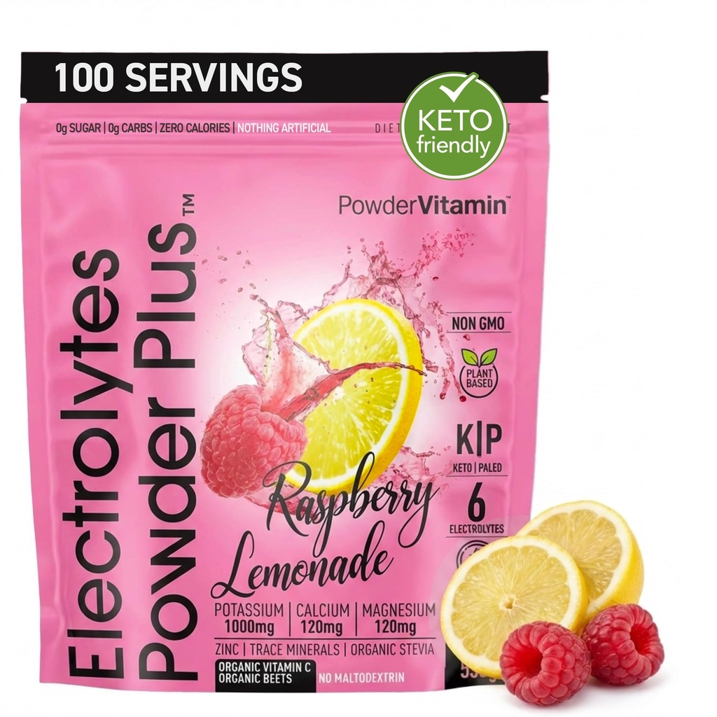 PulbereVitamina Electroliti Pulbere Plus (100 Serviri) Raspberry Lemonada Electrolit Pulbere, Zero Calorie, Keto, Zero Zahăr, Nu Maltodextrin, 1000mg Potasiu,120mg Calciu,120mg Magneziu, Hidratare