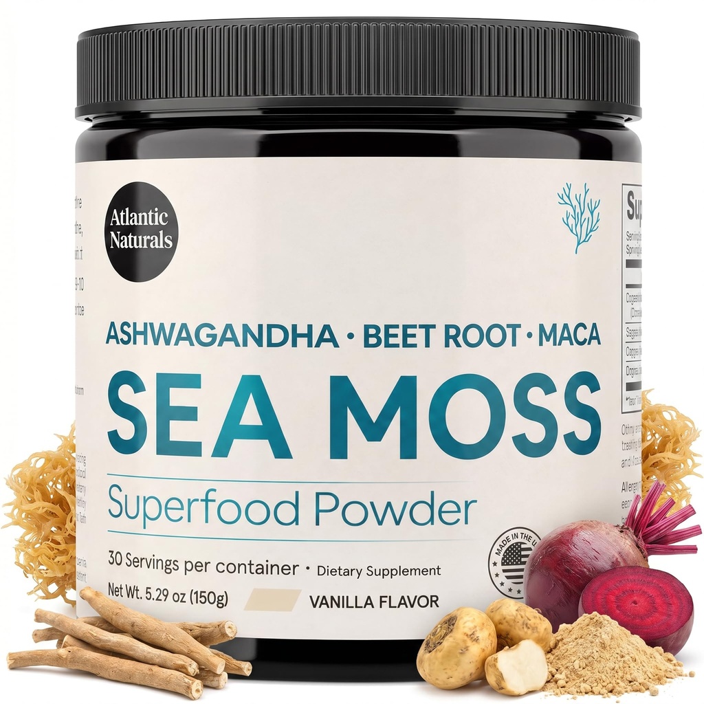 Atlantic Naturals Sea Moss Superfood Powder cu Ashwagandha, Beet Root, și Maca Root - Sea Moss Powder susține sănătos piele, performanță sportivă, și pozitiv Mood - Vanilla Flavor (150g)