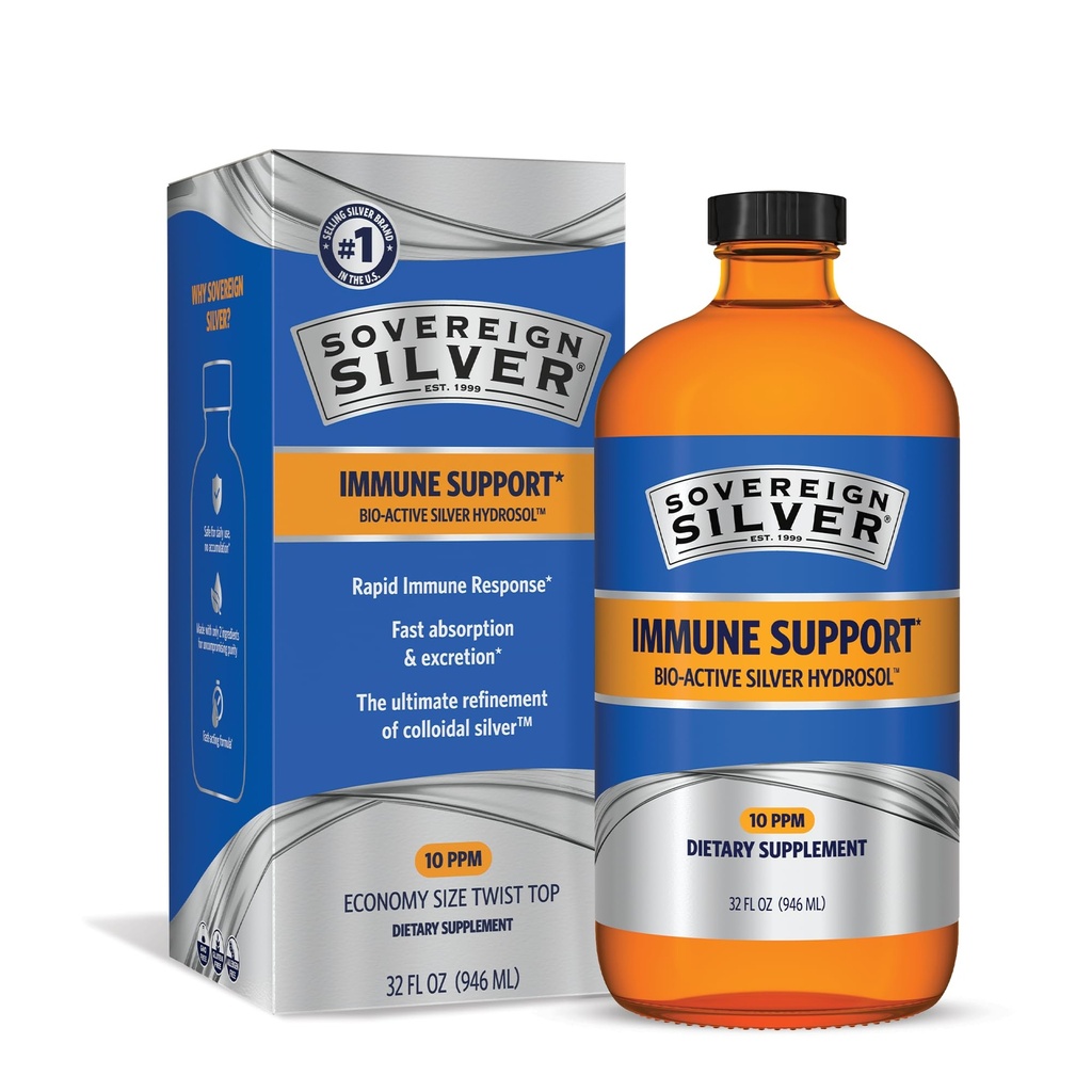 Suport imun de argint suveran - Argint coloidal, Hidrosol de argint bio-activ, 10 ppm, Top Twist lichid, 32 Fl Oz, (946 ml)