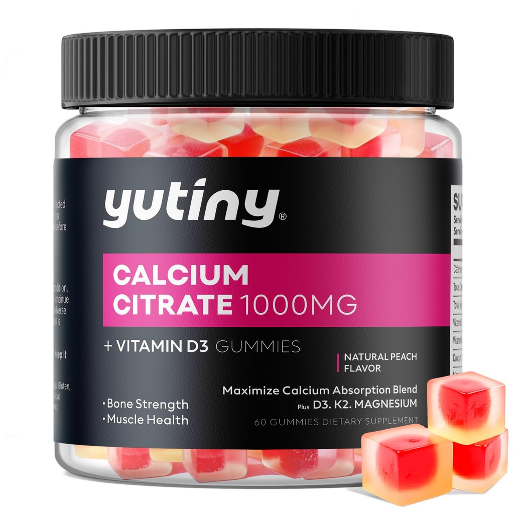 Citrat de calciu Gume umplute, Citrat de calciu extra absorbţie 1000 mg cu vitamina D3, K2 & Magneziu, Supliment masticabil pentru oase, Sănătate musculară, 60 Conte