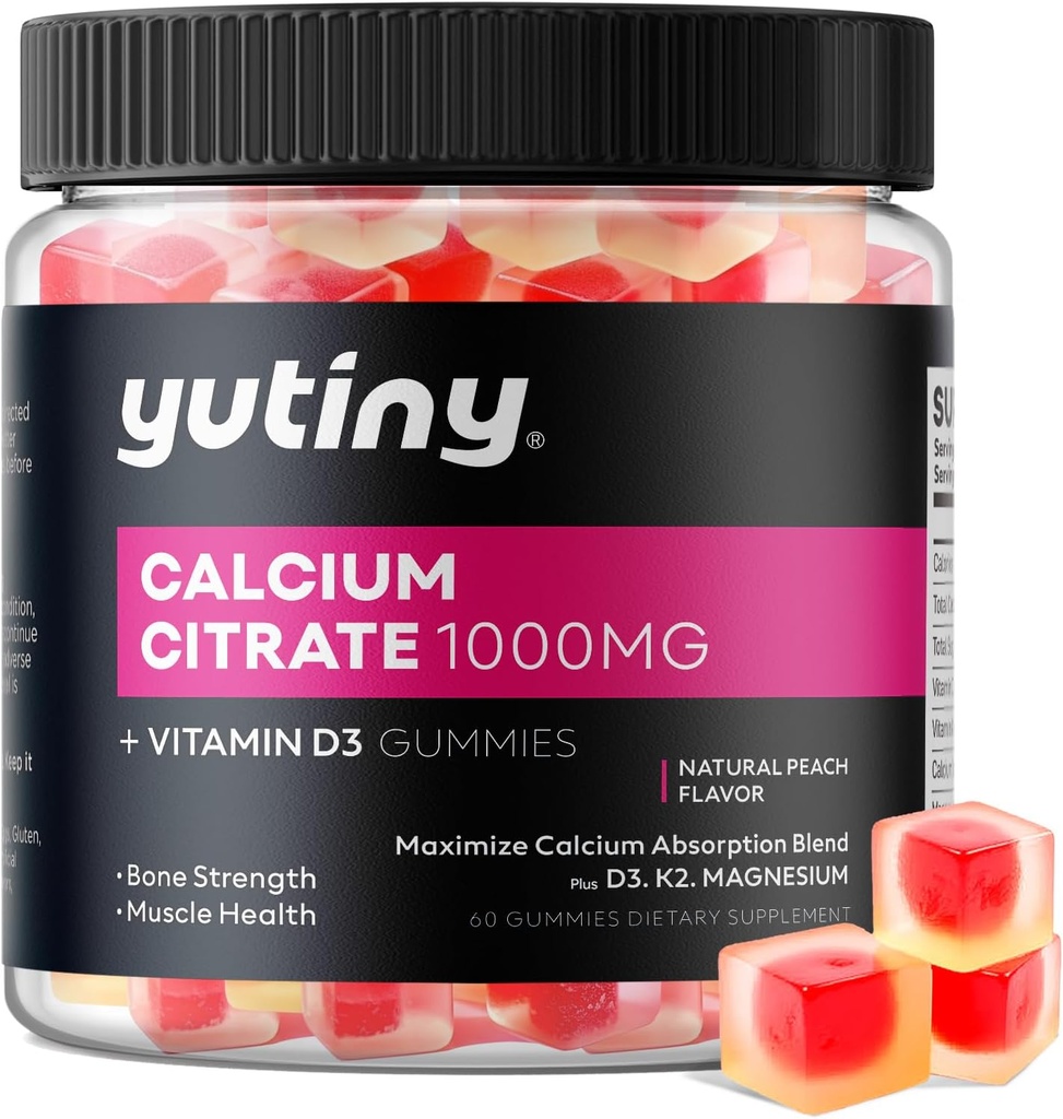 Citrat de calciu Gume umplute, Citrat de calciu extra absorbţie 1000 mg cu vitamina D3, K2 & Magneziu, Supliment masticabil pentru oase, Sănătate musculară, 60 Conte