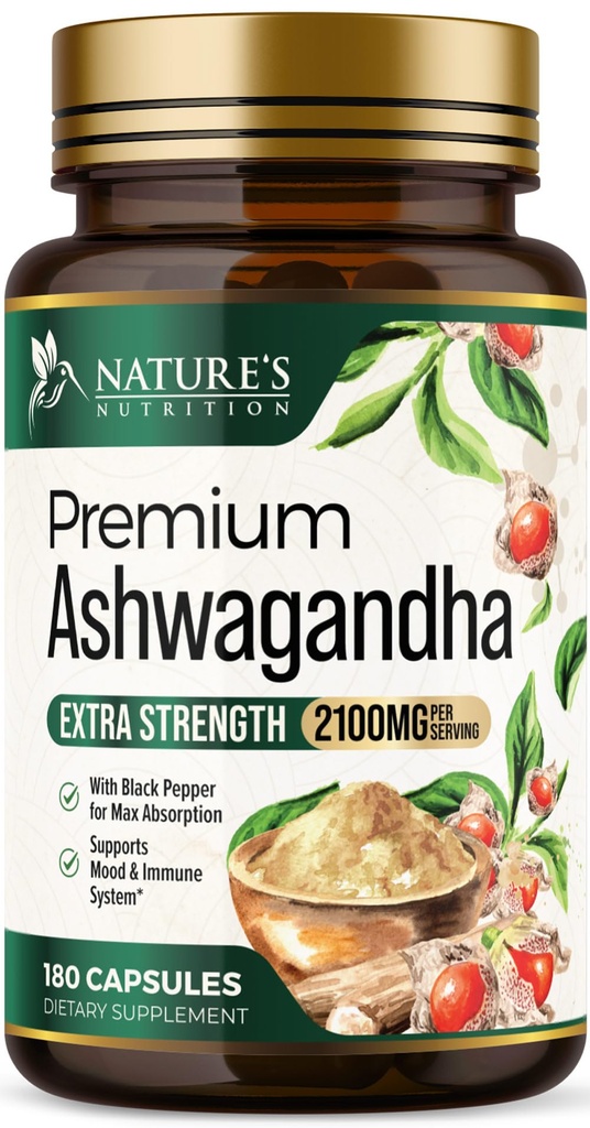 Suplimente Ashwagandha - 2100mg capsule Ashwagandha pentru femei si barbati, suport antioxidant natural, extract de root Ashwa, suport extrem de puternic cu Pepper negru, Vegan & Gluten gratuit - 180 capsule